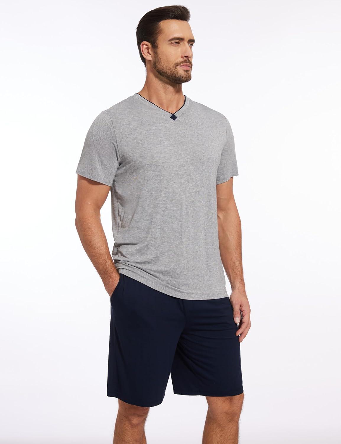 imageGYS Mens Pajama Sets Bamboo Viscose Short Sleeves and Shorts 2 Piece VNeck Pajamas for MenHeather GreyNavy