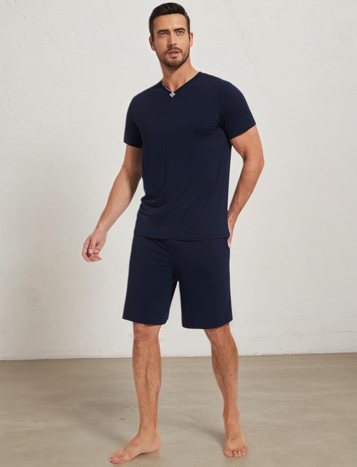 imageGYS Mens Pajama Sets Bamboo Viscose Short Sleeves and Shorts 2 Piece VNeck Pajamas for MenNavy