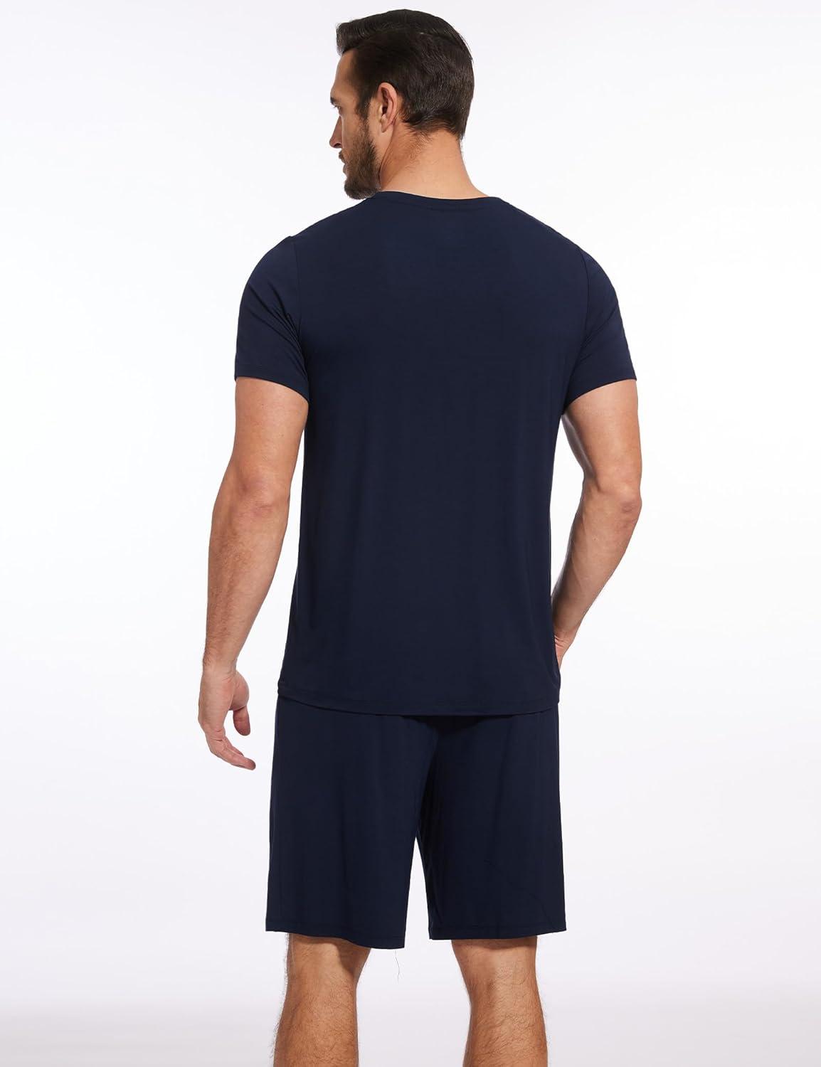 imageGYS Mens Pajama Sets Bamboo Viscose Short Sleeves and Shorts 2 Piece VNeck Pajamas for MenNavy