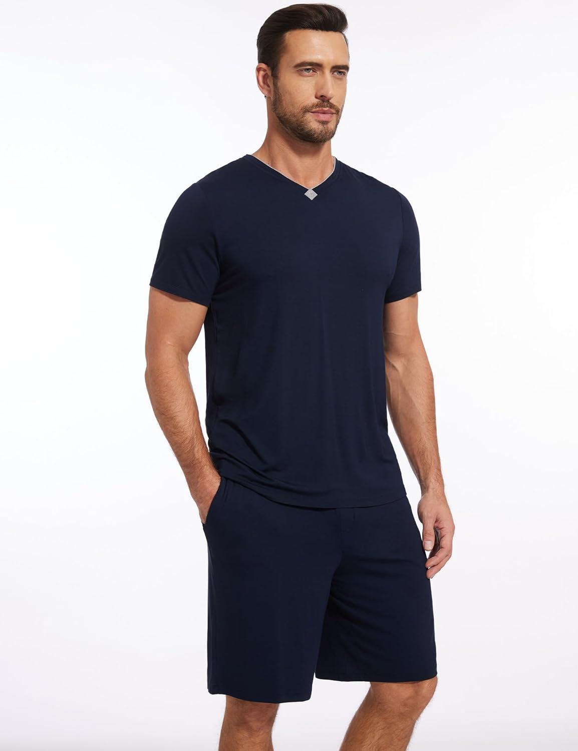 imageGYS Mens Pajama Sets Bamboo Viscose Short Sleeves and Shorts 2 Piece VNeck Pajamas for MenNavy