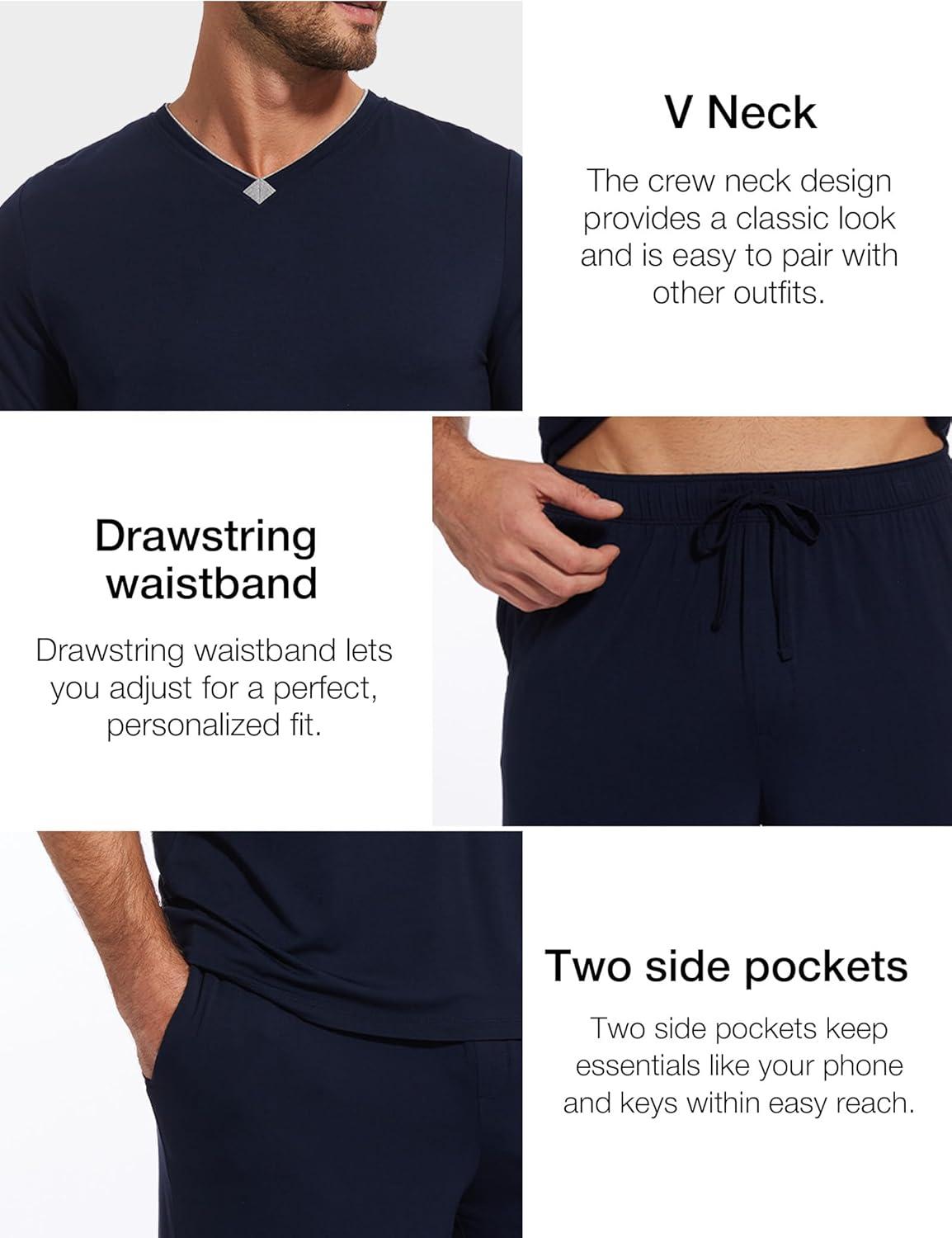 imageGYS Mens Pajama Sets Bamboo Viscose Short Sleeves and Shorts 2 Piece VNeck Pajamas for MenNavy