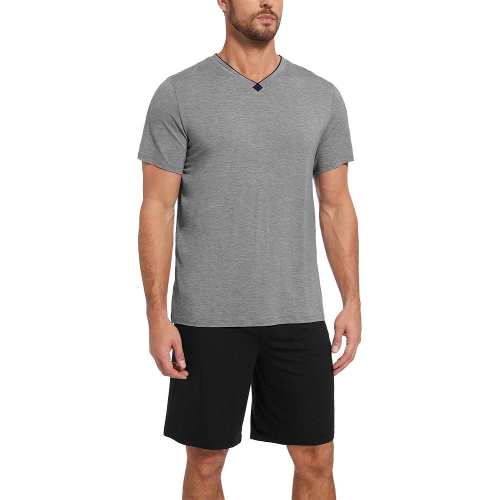 imageGYS Mens Pajama Sets Bamboo Viscose Short Sleeves and Shorts 2 Piece VNeck Pajamas for MenDark Heather GreyBlack