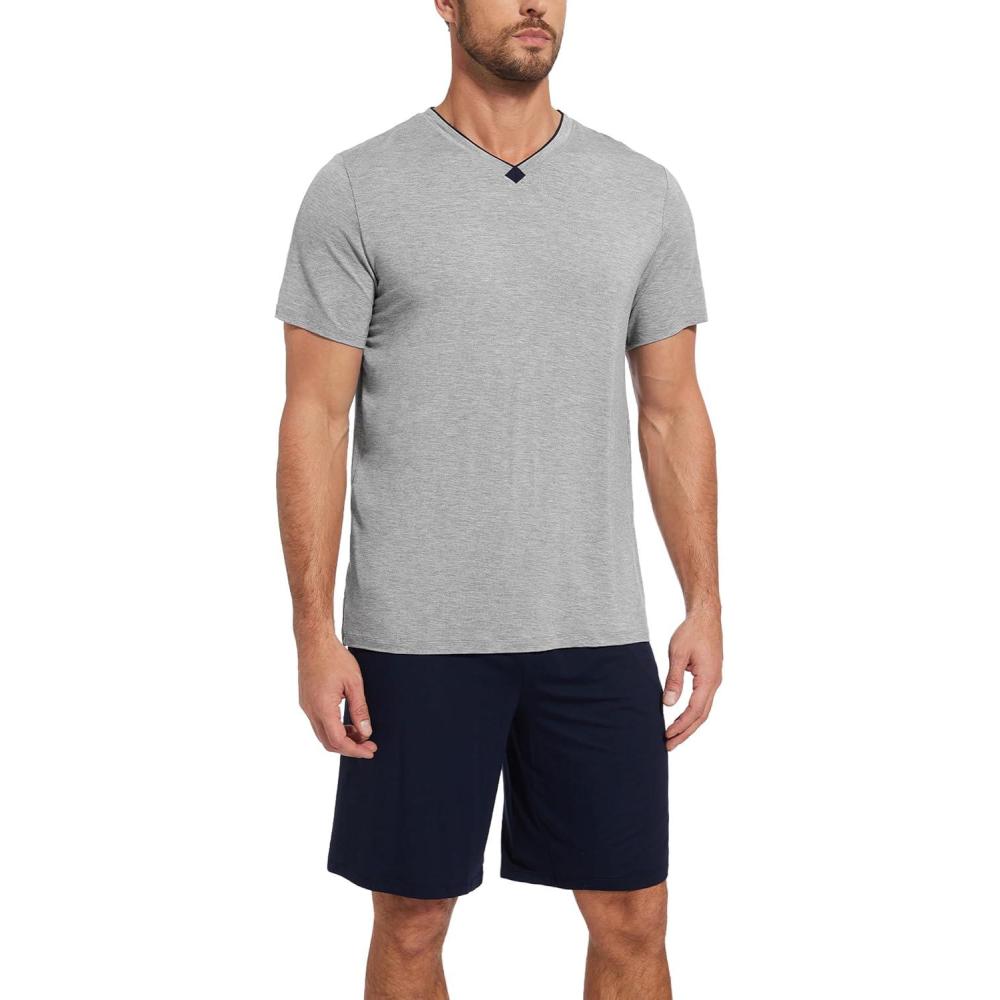 imageGYS Mens Pajama Sets Bamboo Viscose Short Sleeves and Shorts 2 Piece VNeck Pajamas for MenHeather GreyNavy