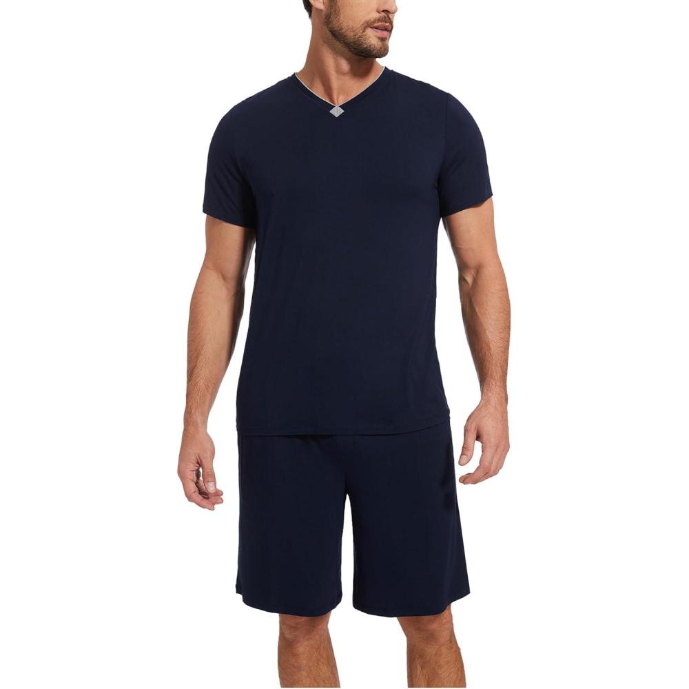 imageGYS Mens Pajama Sets Bamboo Viscose Short Sleeves and Shorts 2 Piece VNeck Pajamas for MenNavy
