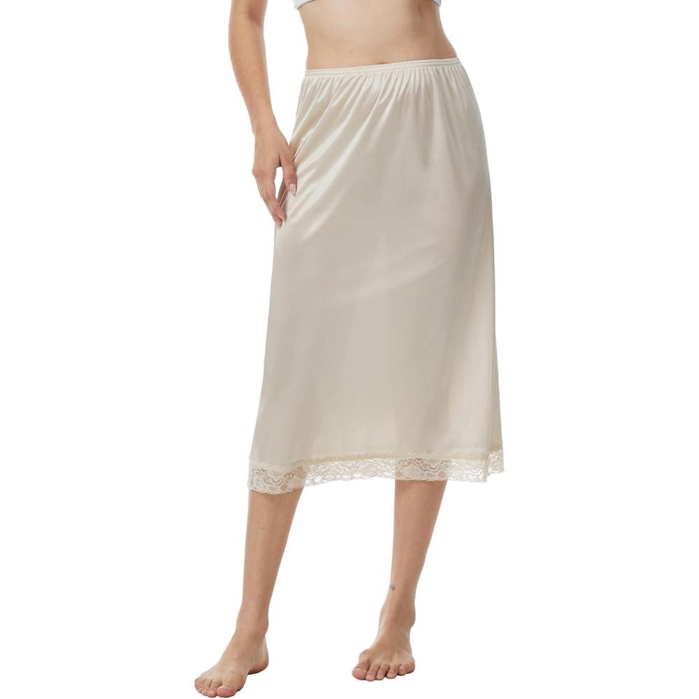 imageGYS Womens Half Slips for Under Dresses Aline Lace Trim Mini UnderskirtBeige Long