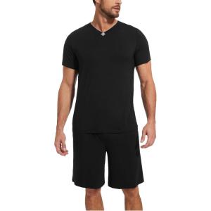 GYS Men’s Pajama Sets, Bamboo Viscose Short Sleeves and Shorts 2 Piece V-Neck Pajamas for Men(Black)
