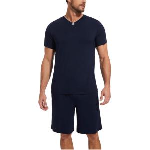 GYS Men’s Pajama Sets, Bamboo Viscose Short Sleeves and Shorts 2 Piece V-Neck Pajamas for Men(Navy)