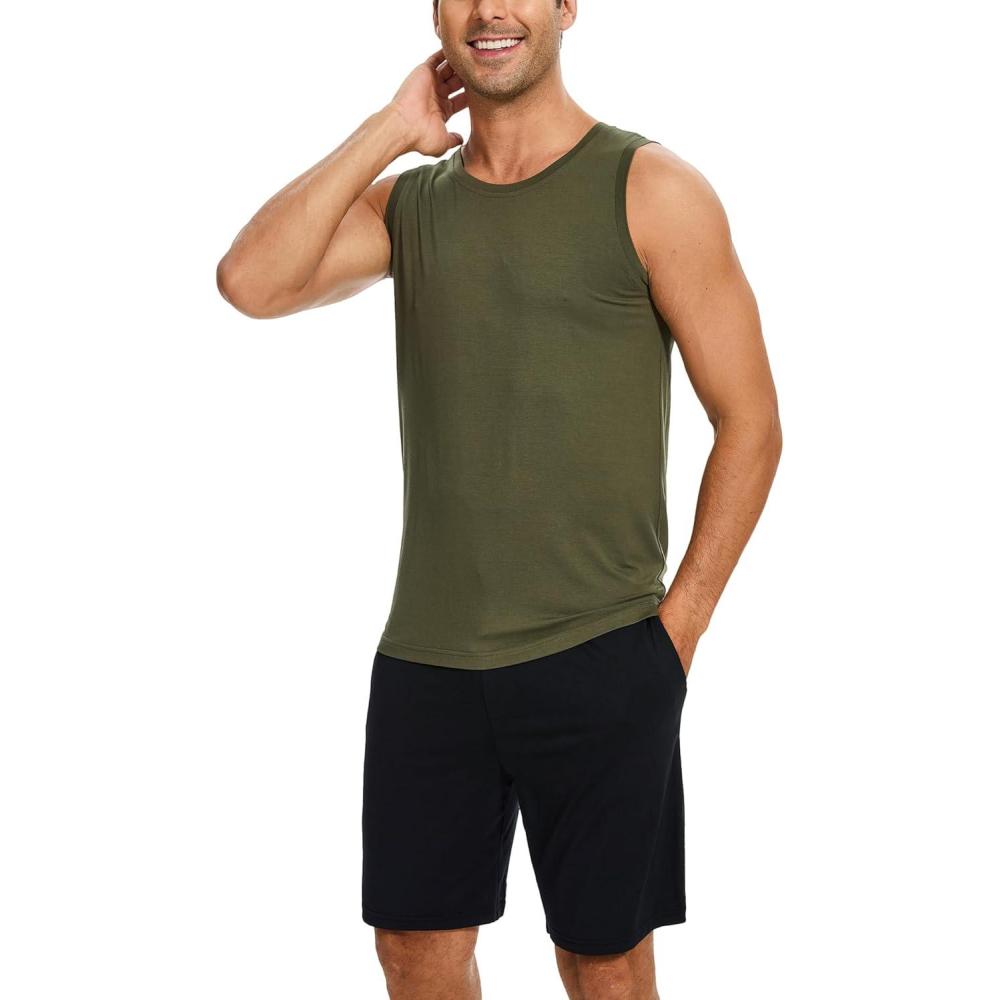 imageGYS Bamboo Viscose Mens Pajama Sets Tank Tops with Shorts 2 Pieces Men Loungewear SetsArmy Green