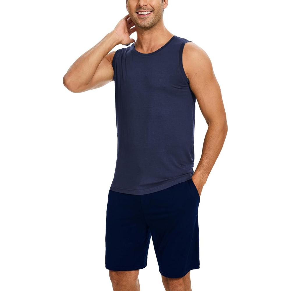 imageGYS Bamboo Viscose Mens Pajama Sets Tank Tops with Shorts 2 Pieces Men Loungewear SetsDeep Blue