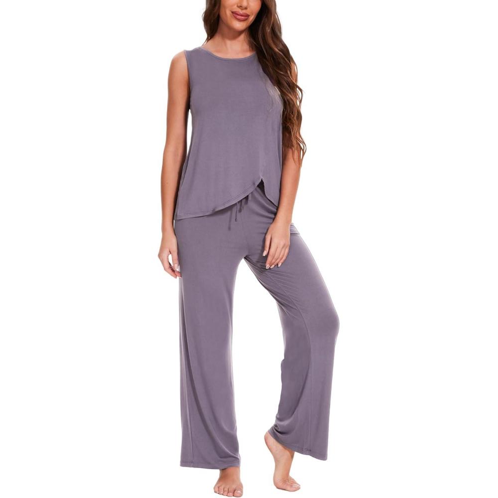 imageGYS Bamboo Viscose Pajamas for Women Set Soft Tank and Drawstring Pants Lounge Sets Sleeveless Lightweight Sleepwear Pj SetViolet