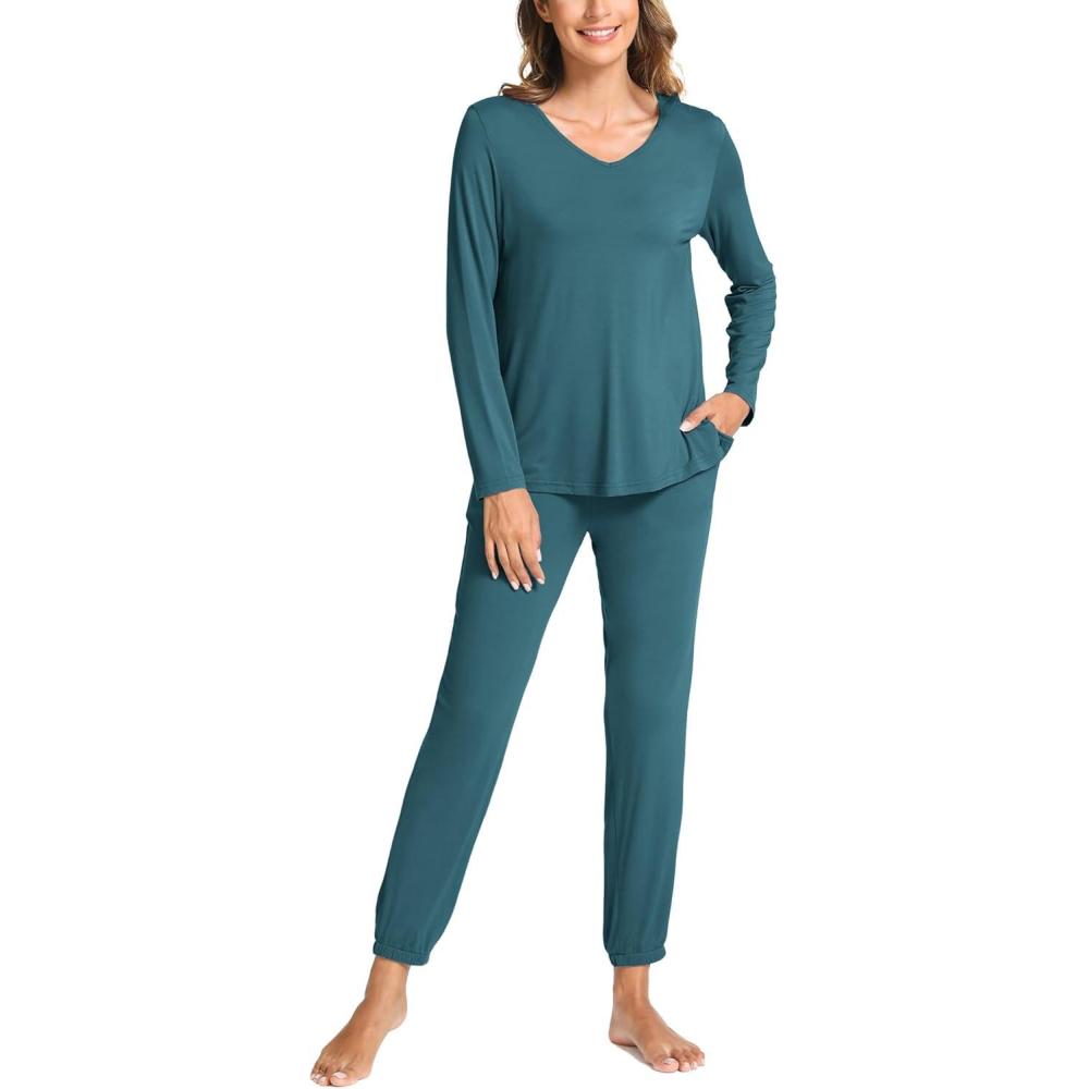 imageGYS Bamboo Viscose Womens Pajamas Set Long Sleeve V Neck Sleep Sets with PocketsTurquoise