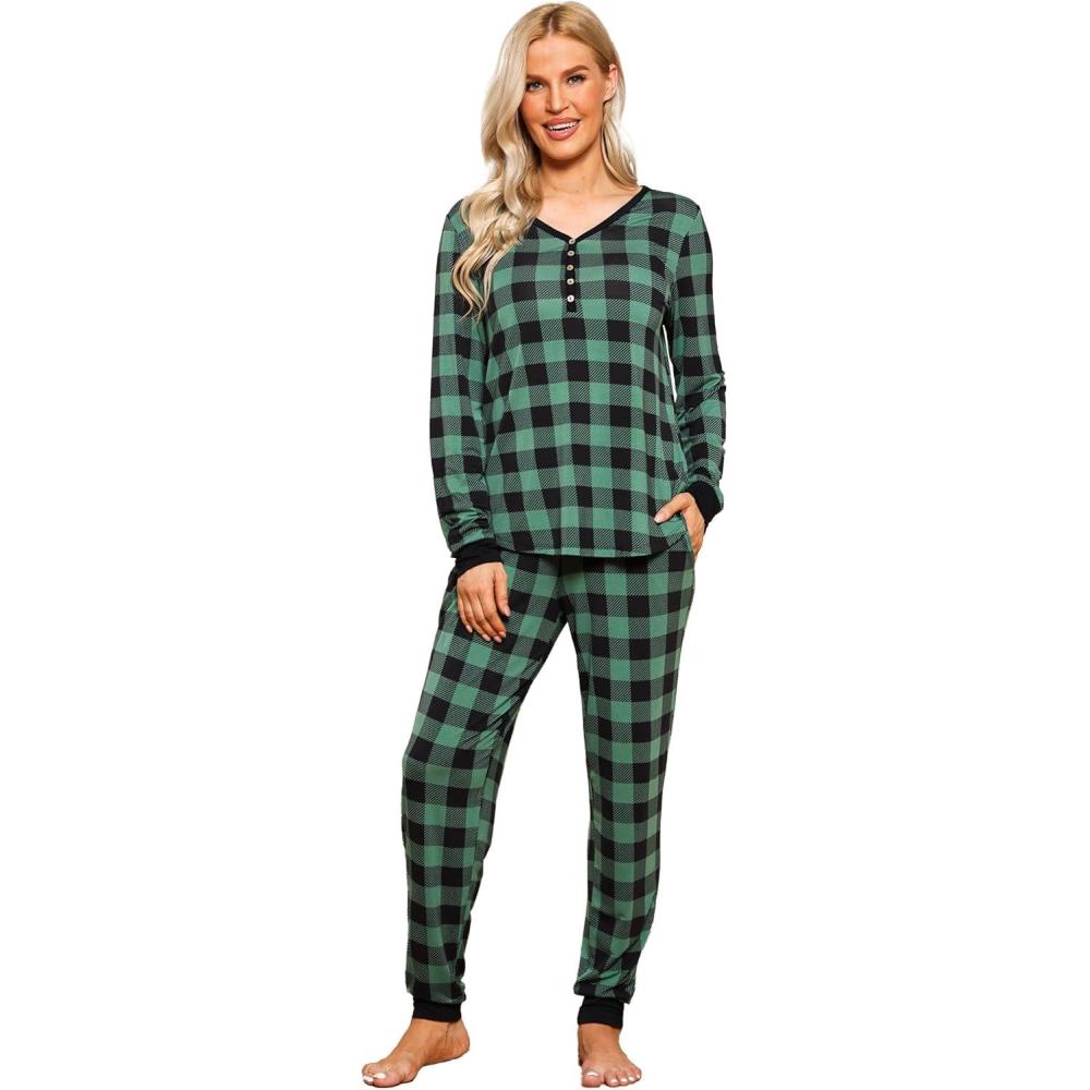 imageGYS Viscose from Bamboo Pajama Sets for Women Long Sleeve Sleepwear Soft Christmas Pjs Lounge SetsBlack Green Plaid
