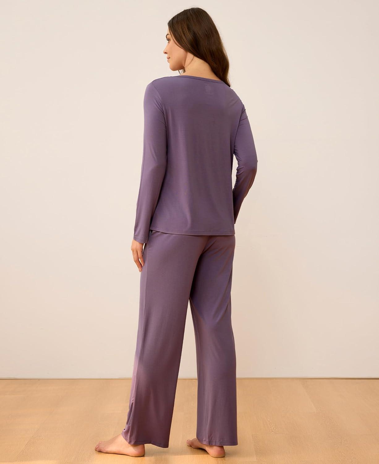 imageGYS Bamboo Viscose Womens Pajamas Set Long Sleeve Crew Neck Sleep SetAir Purple