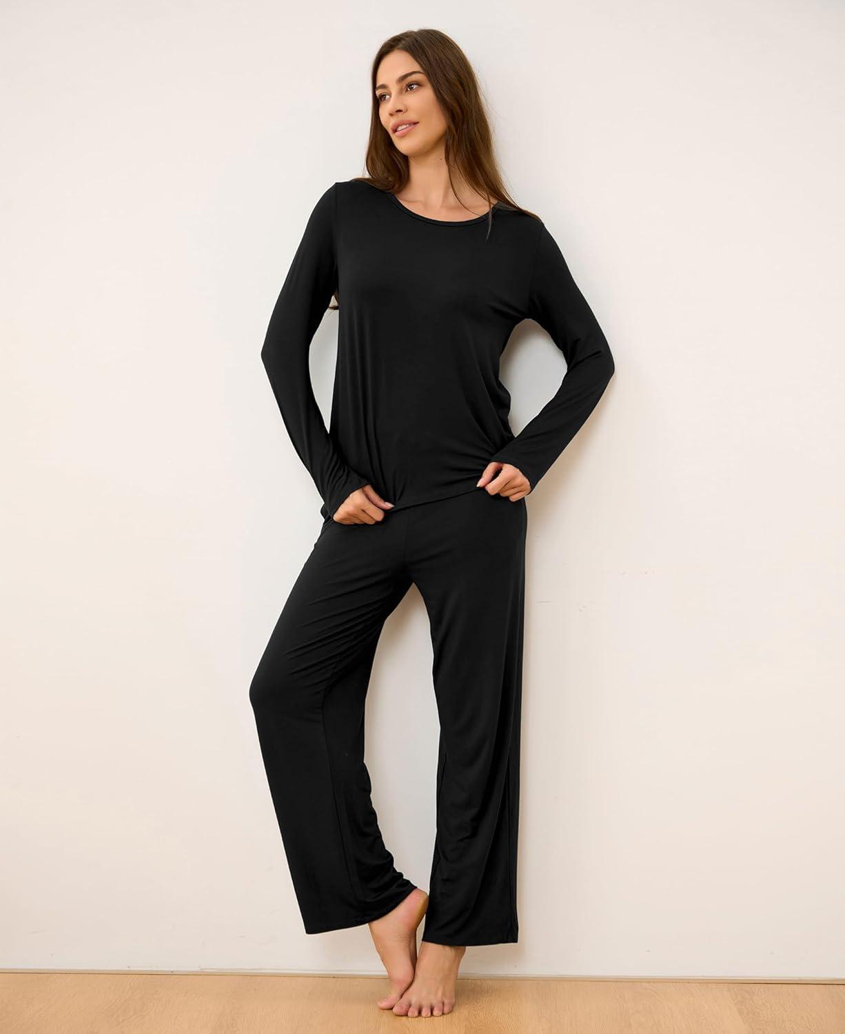 imageGYS Bamboo Viscose Womens Pajamas Set Long Sleeve Crew Neck Sleep SetBlack
