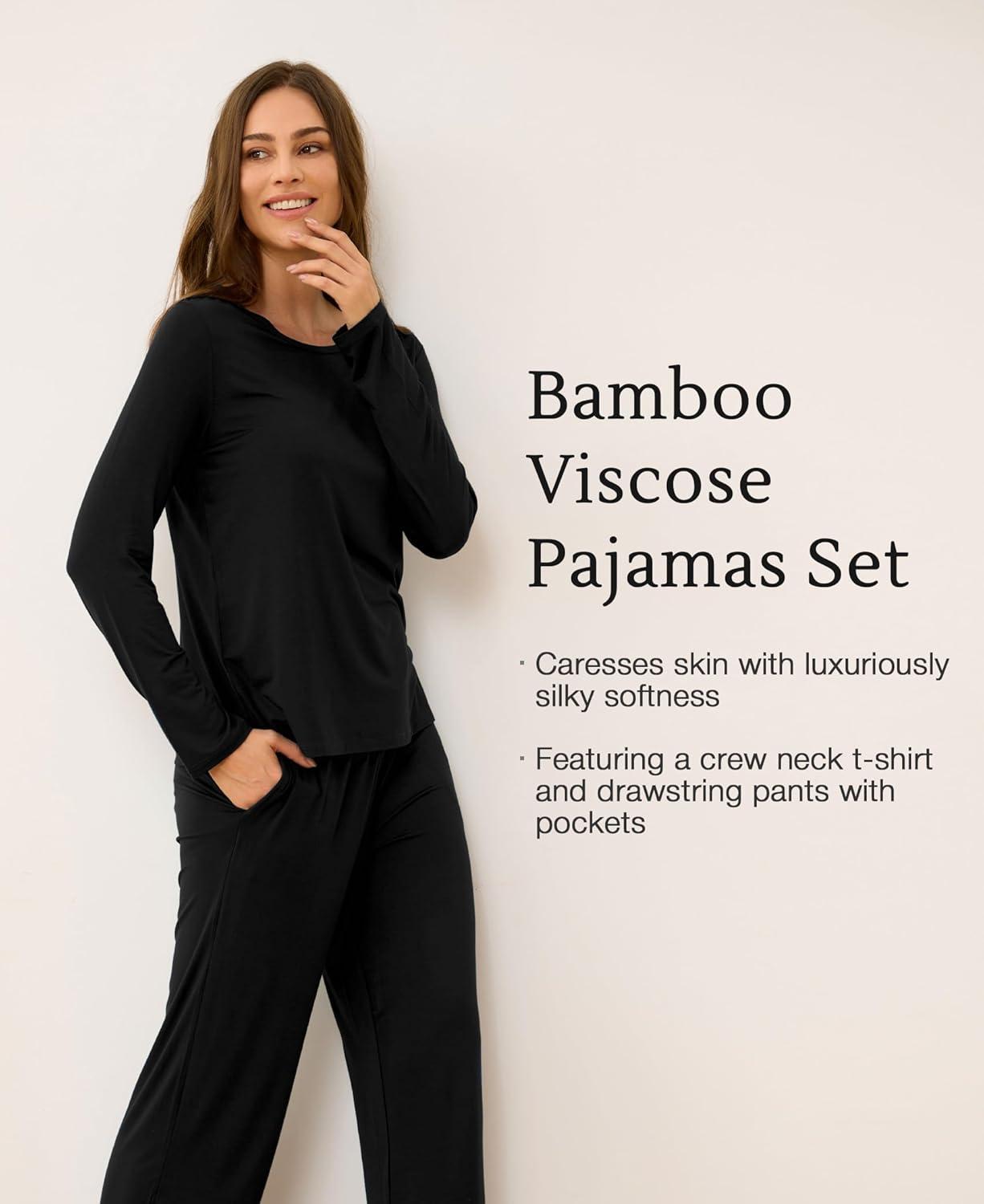 imageGYS Bamboo Viscose Womens Pajamas Set Long Sleeve Crew Neck Sleep SetBlack