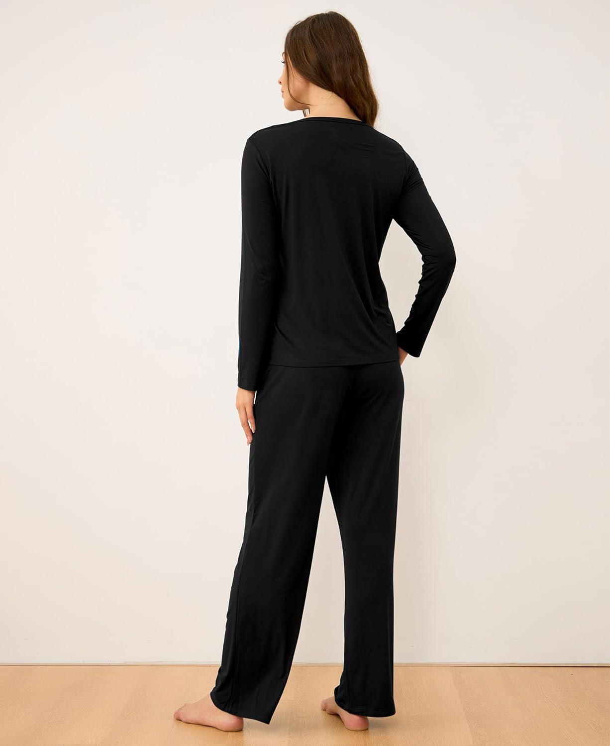 imageGYS Bamboo Viscose Womens Pajamas Set Long Sleeve Crew Neck Sleep SetBlack