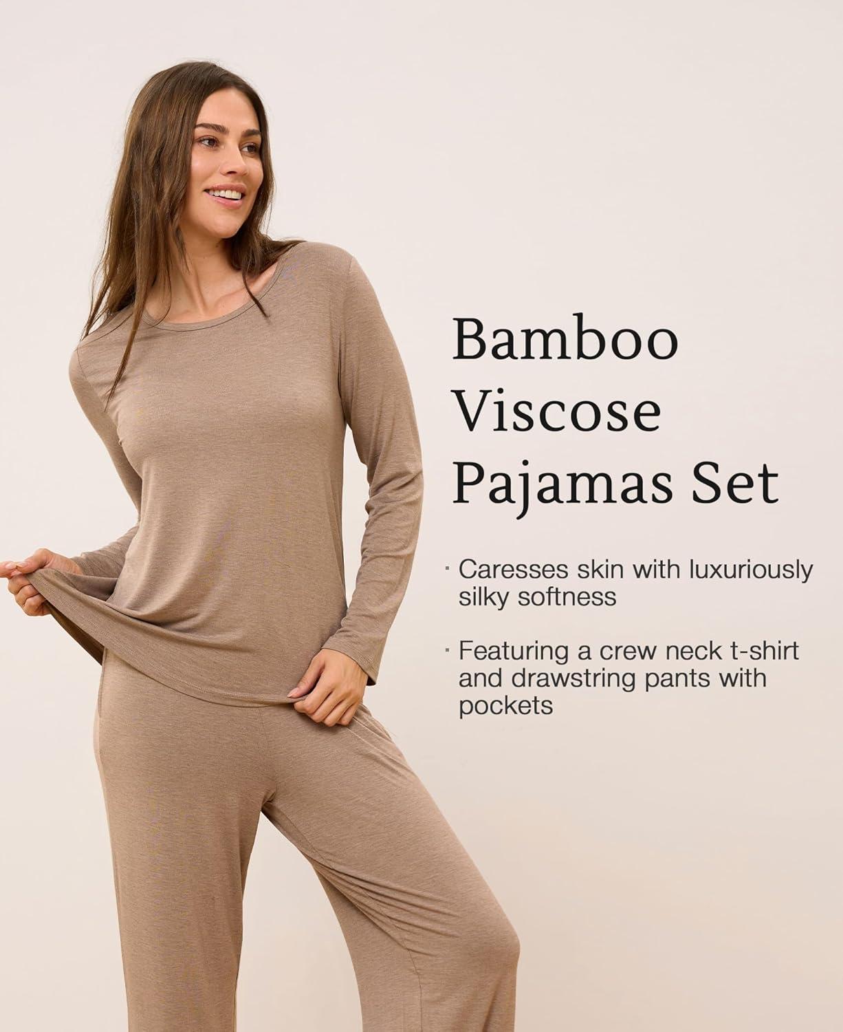 imageGYS Bamboo Viscose Womens Pajamas Set Long Sleeve Crew Neck Sleep SetCamel