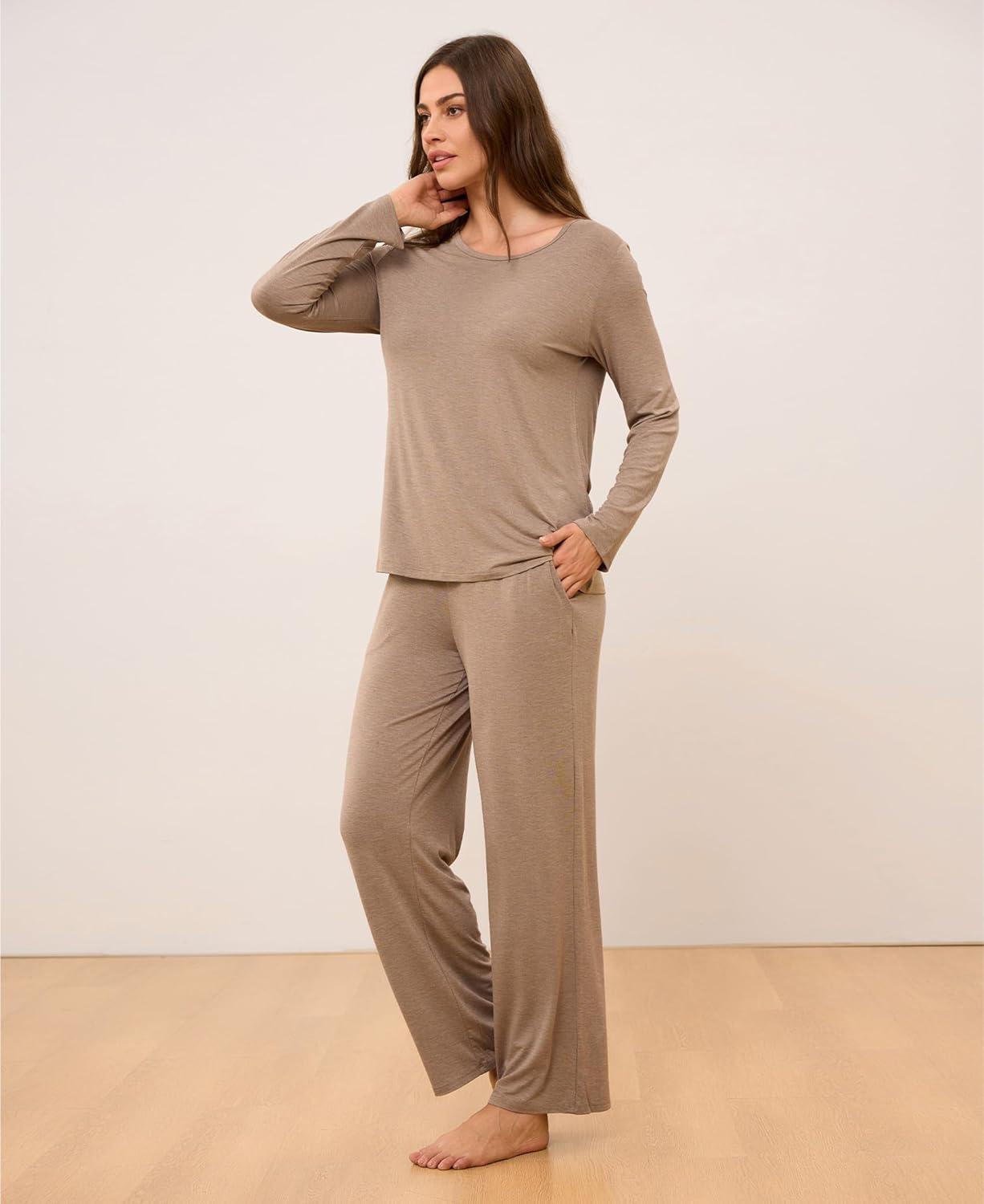 imageGYS Bamboo Viscose Womens Pajamas Set Long Sleeve Crew Neck Sleep SetCamel