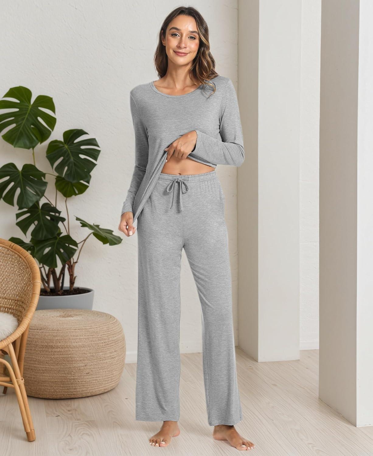 imageGYS Bamboo Viscose Womens Pajamas Set Long Sleeve Crew Neck Sleep SetHeather Grey
