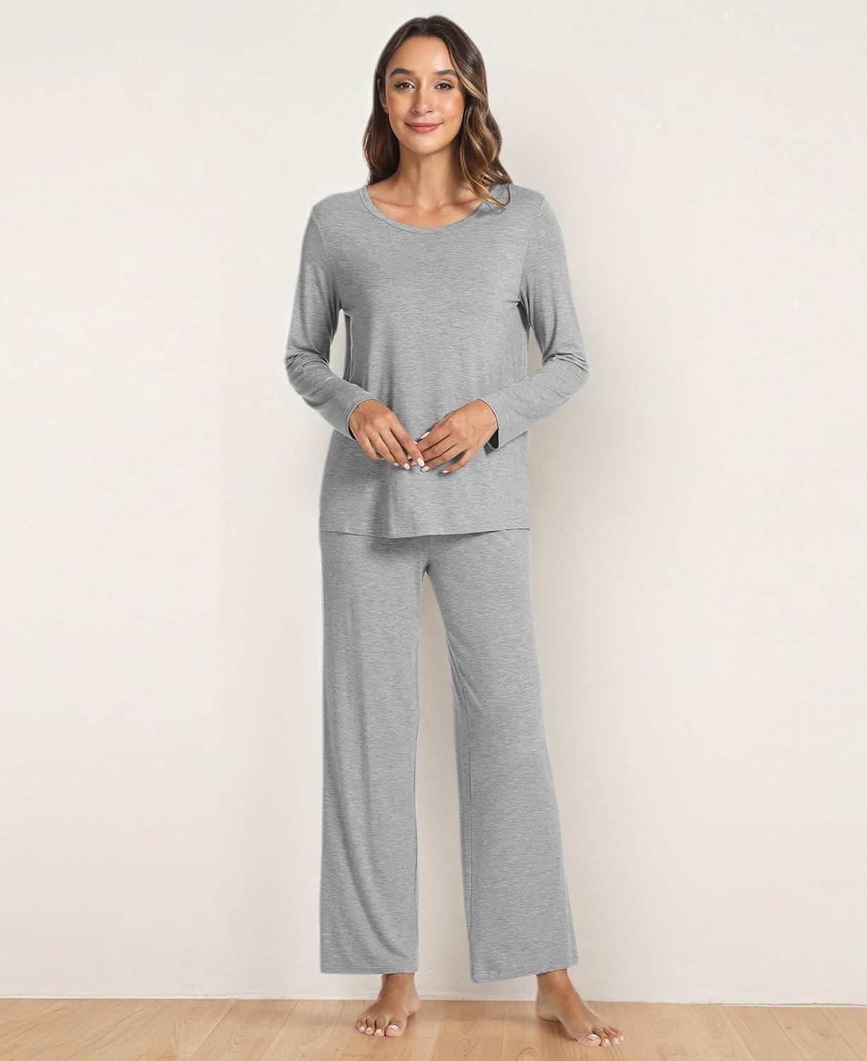 imageGYS Bamboo Viscose Womens Pajamas Set Long Sleeve Crew Neck Sleep SetHeather Grey