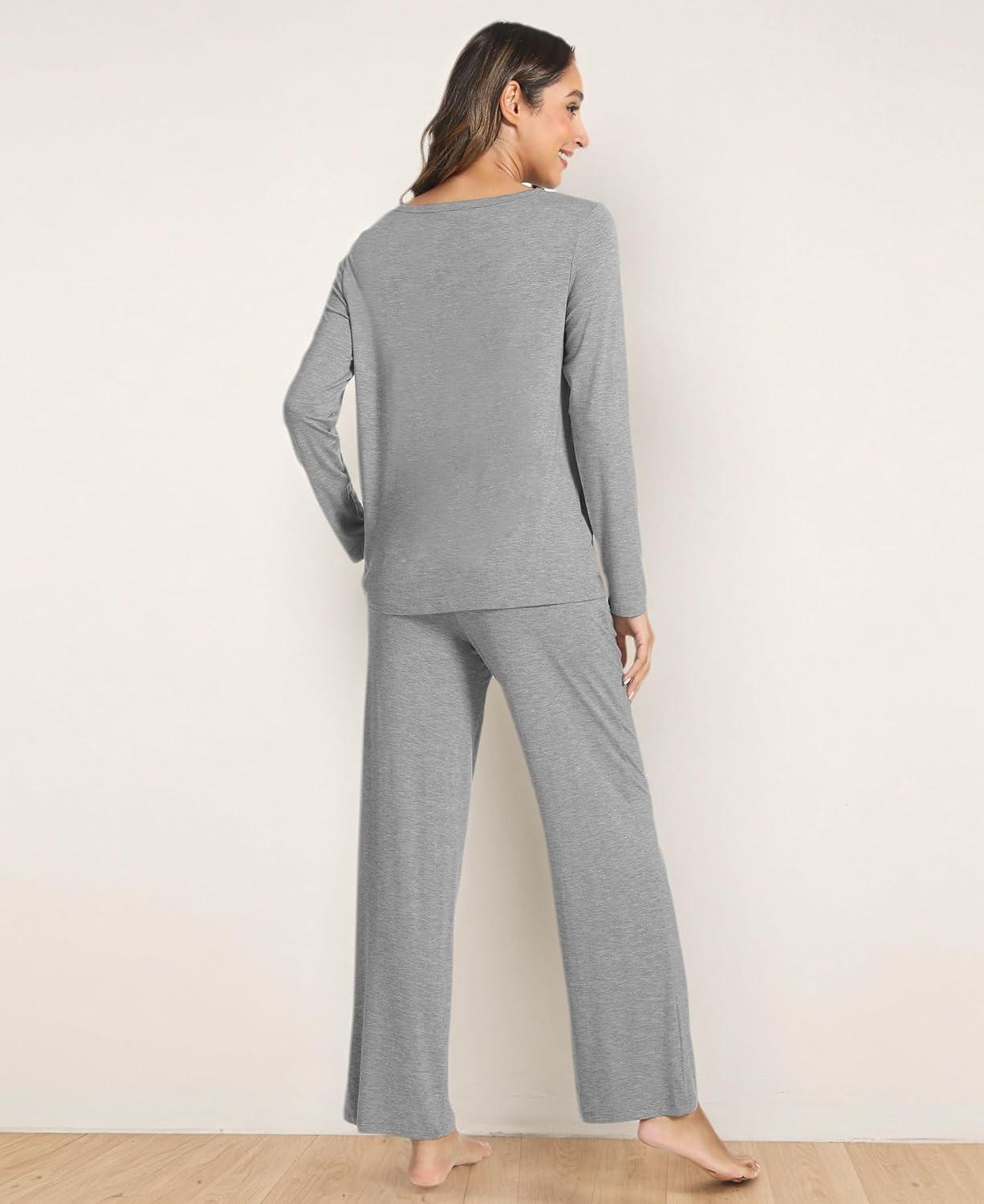 imageGYS Bamboo Viscose Womens Pajamas Set Long Sleeve Crew Neck Sleep SetHeather Grey