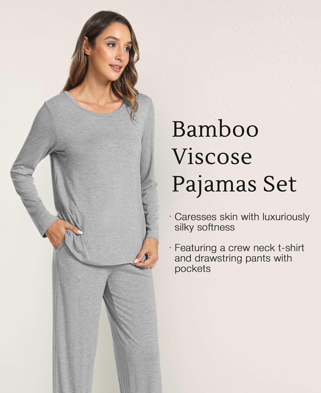 imageGYS Bamboo Viscose Womens Pajamas Set Long Sleeve Crew Neck Sleep SetHeather Grey