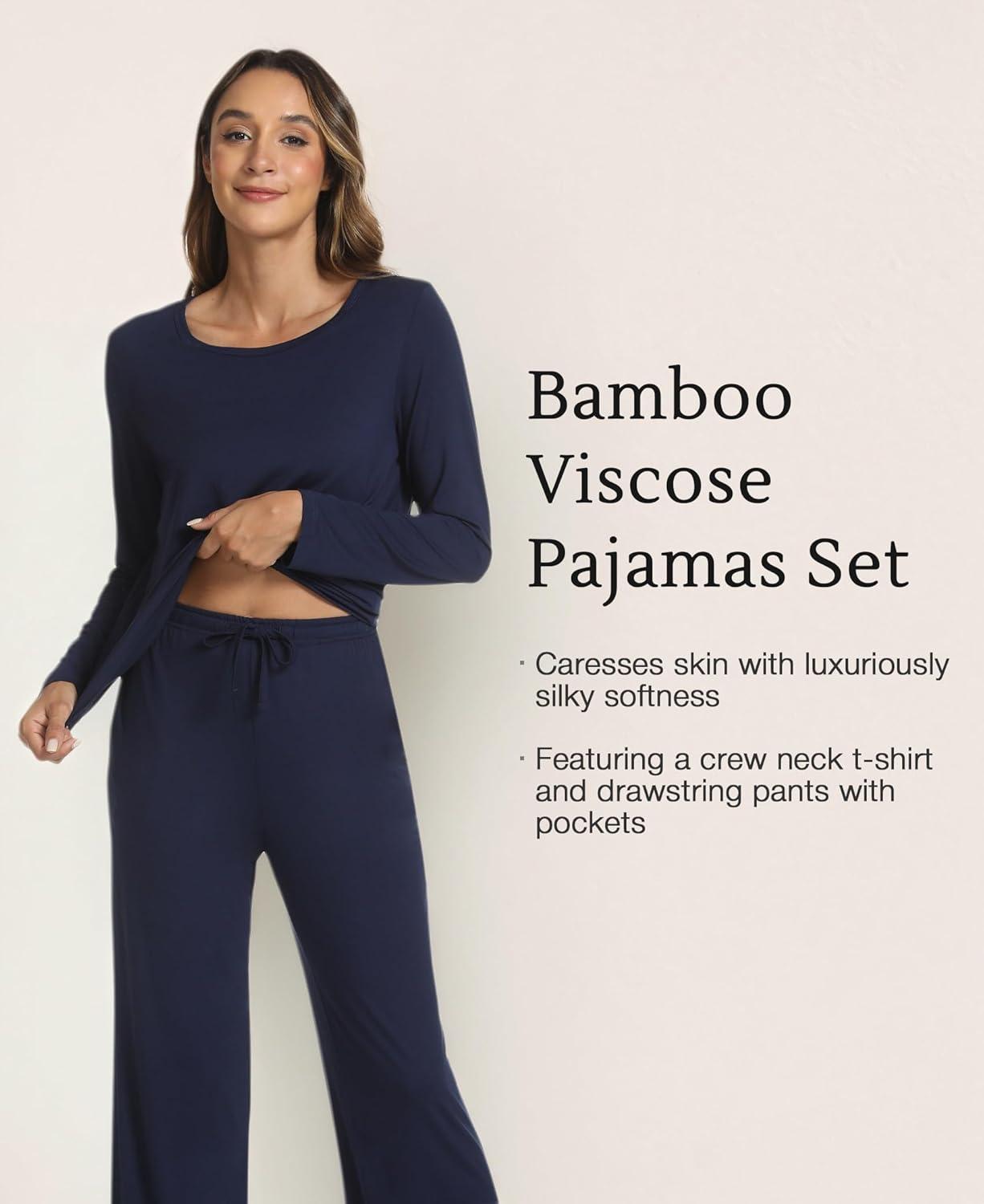 imageGYS Bamboo Viscose Womens Pajamas Set Long Sleeve Crew Neck Sleep SetNavy