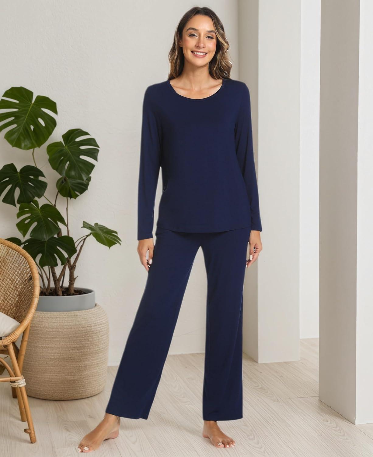 imageGYS Bamboo Viscose Womens Pajamas Set Long Sleeve Crew Neck Sleep SetNavy