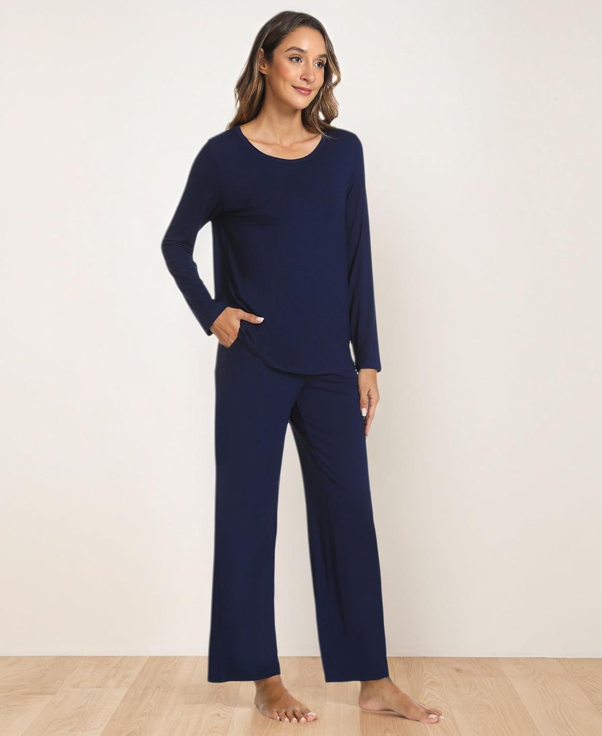 imageGYS Bamboo Viscose Womens Pajamas Set Long Sleeve Crew Neck Sleep SetNavy