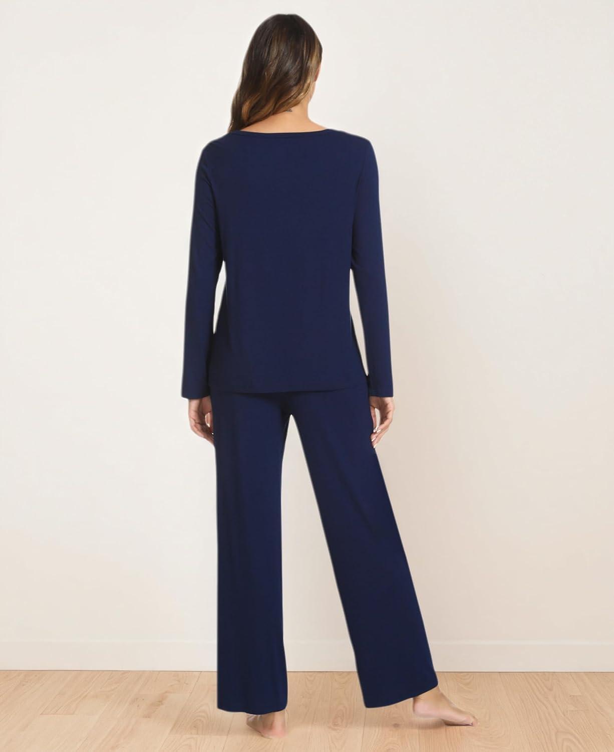 imageGYS Bamboo Viscose Womens Pajamas Set Long Sleeve Crew Neck Sleep SetNavy