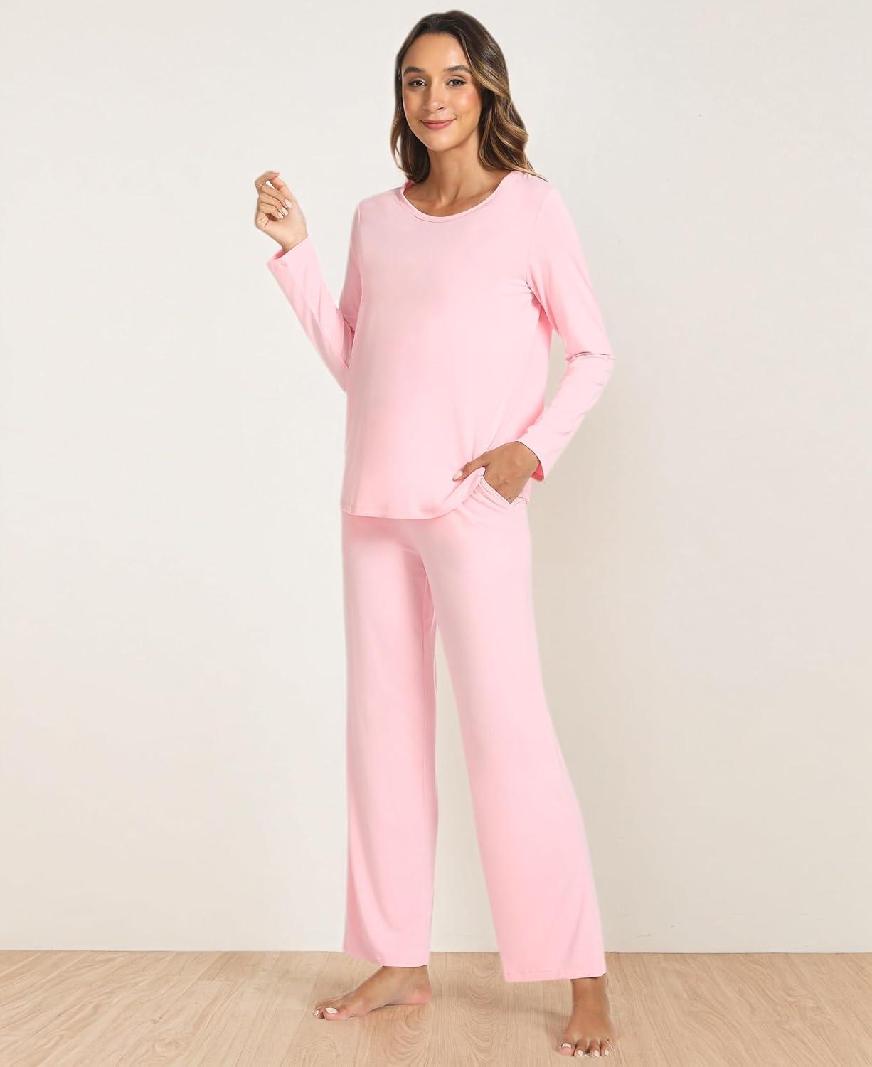 imageGYS Bamboo Viscose Womens Pajamas Set Long Sleeve Crew Neck Sleep SetPink