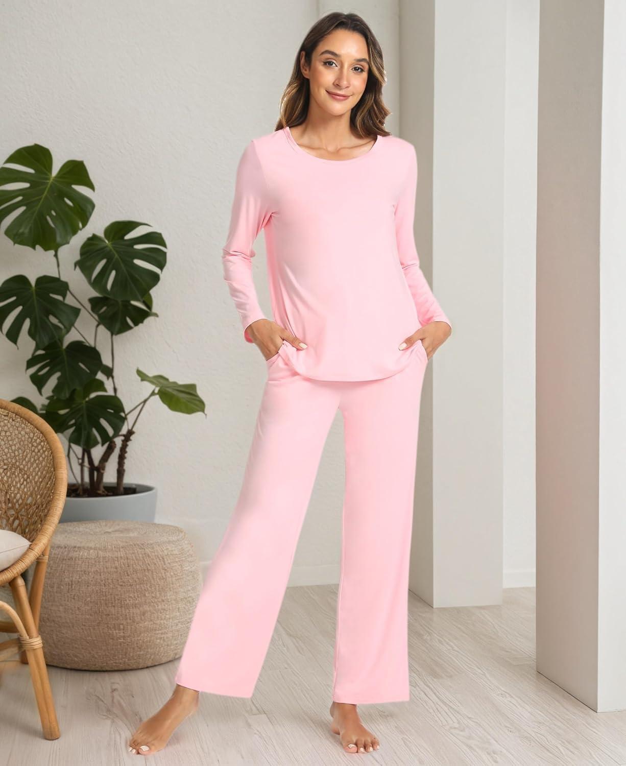 imageGYS Bamboo Viscose Womens Pajamas Set Long Sleeve Crew Neck Sleep SetPink