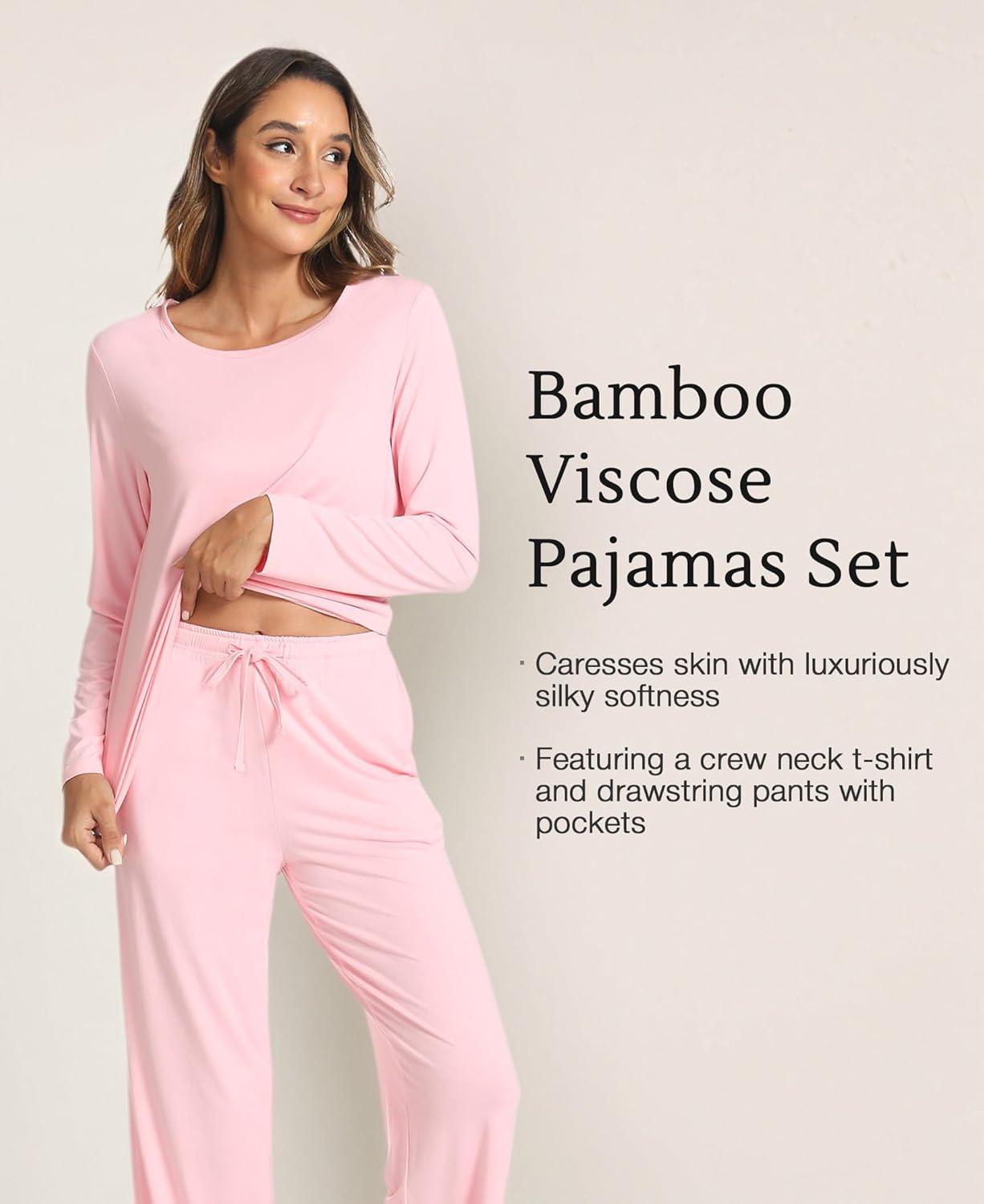 imageGYS Bamboo Viscose Womens Pajamas Set Long Sleeve Crew Neck Sleep SetPink