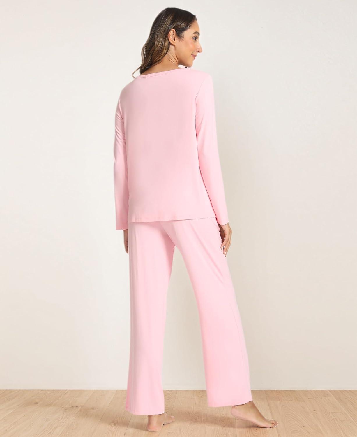 imageGYS Bamboo Viscose Womens Pajamas Set Long Sleeve Crew Neck Sleep SetPink