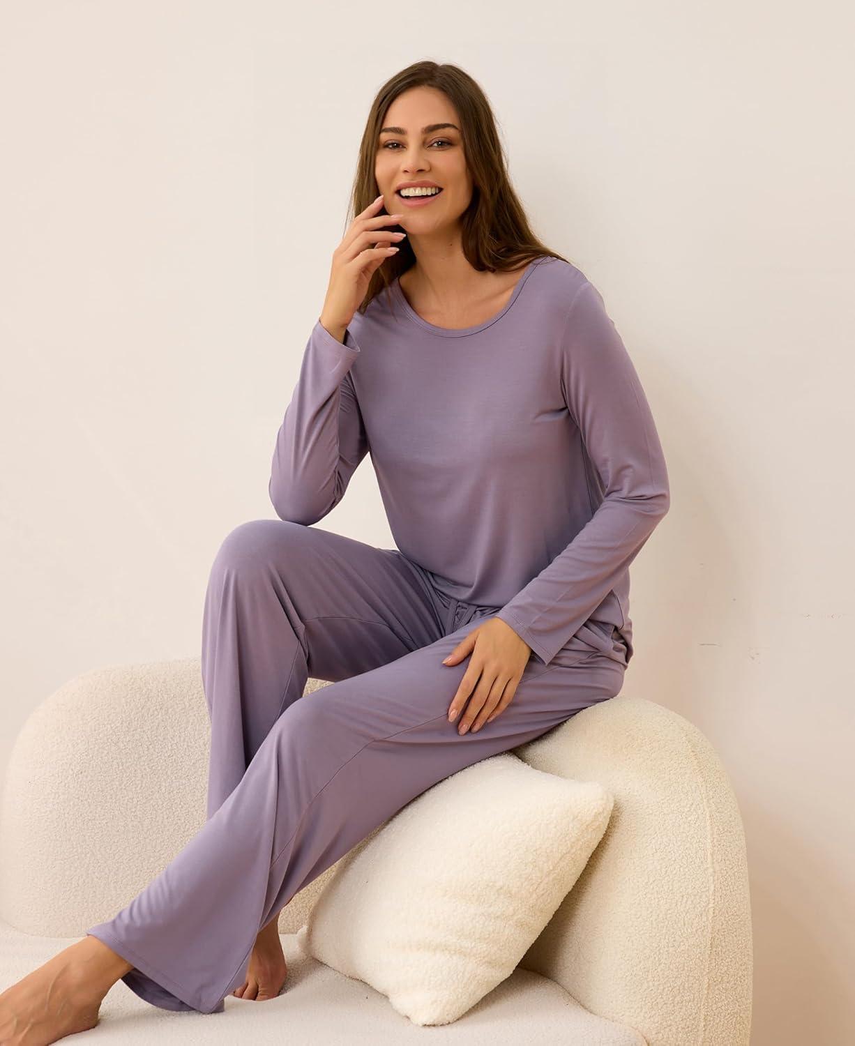 imageGYS Bamboo Viscose Womens Pajamas Set Long Sleeve Crew Neck Sleep SetViolet