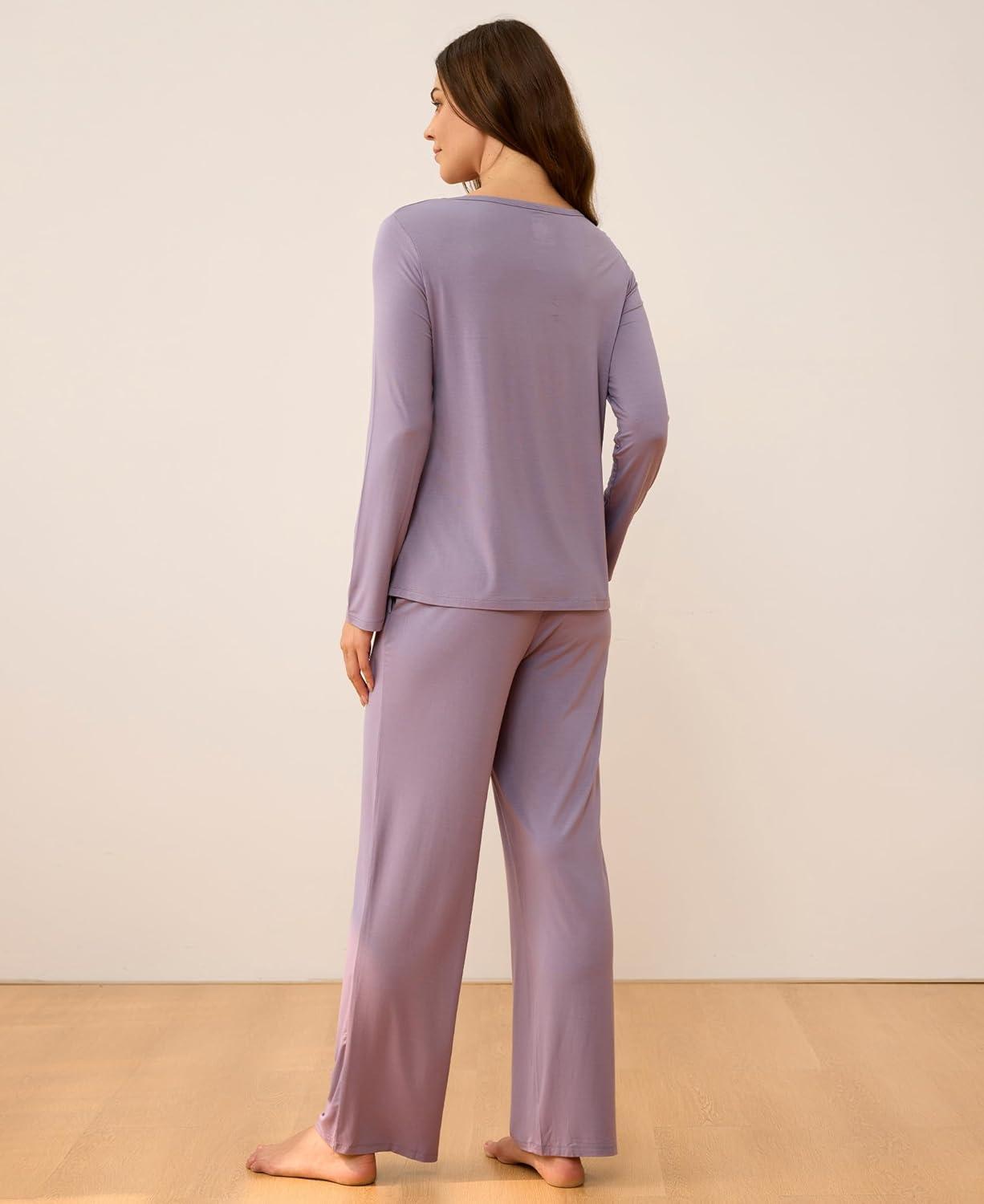 imageGYS Bamboo Viscose Womens Pajamas Set Long Sleeve Crew Neck Sleep SetViolet