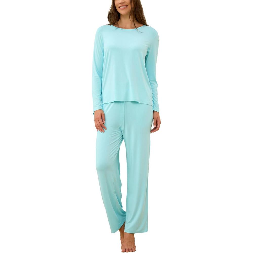 imageGYS Bamboo Viscose Womens Pajamas Set Long Sleeve Crew Neck Sleep SetAqua