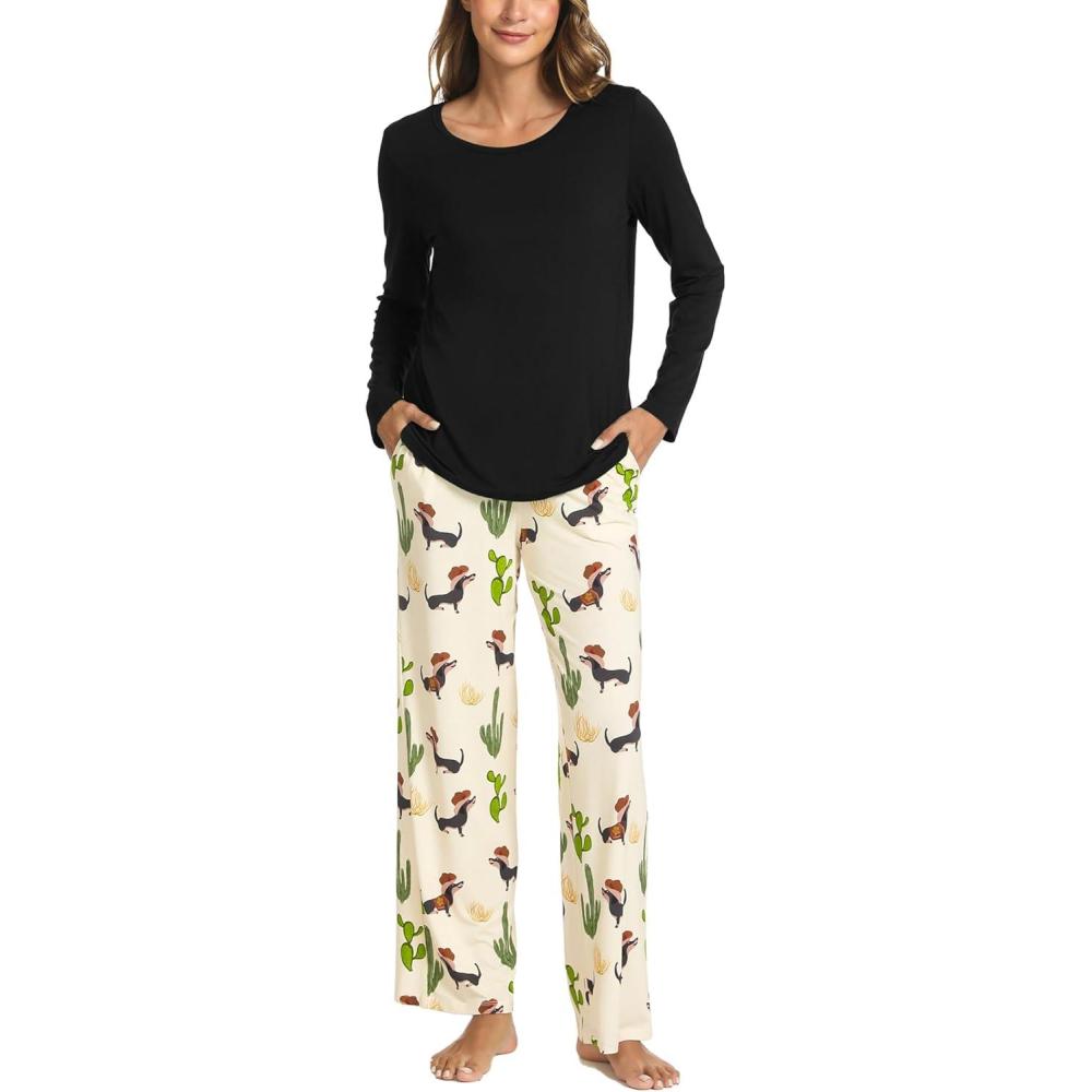 imageGYS Bamboo Viscose Womens Pajamas Set Long Sleeve Crew Neck Sleep SetBlackCactus