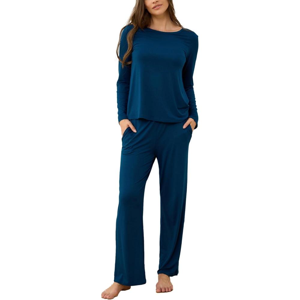 imageGYS Bamboo Viscose Womens Pajamas Set Long Sleeve Crew Neck Sleep SetInk Blue