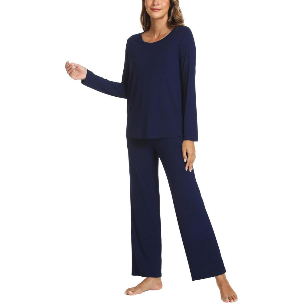 imageGYS Bamboo Viscose Womens Pajamas Set Long Sleeve Crew Neck Sleep SetNavy
