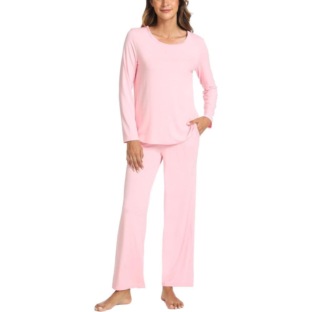 imageGYS Bamboo Viscose Womens Pajamas Set Long Sleeve Crew Neck Sleep SetPink