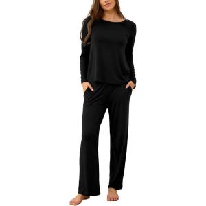 GYS Bamboo Viscose Womens Pajamas Set Long Sleeve Crew Neck Sleep Set(Black)