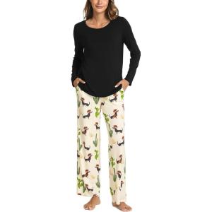 GYS Bamboo Viscose Womens Pajamas Set Long Sleeve Crew Neck Sleep Set(Black/Cactus)