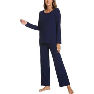 GYS Bamboo Viscose Womens Pajamas Set Long Sleeve Crew Neck Sleep Set(Navy)