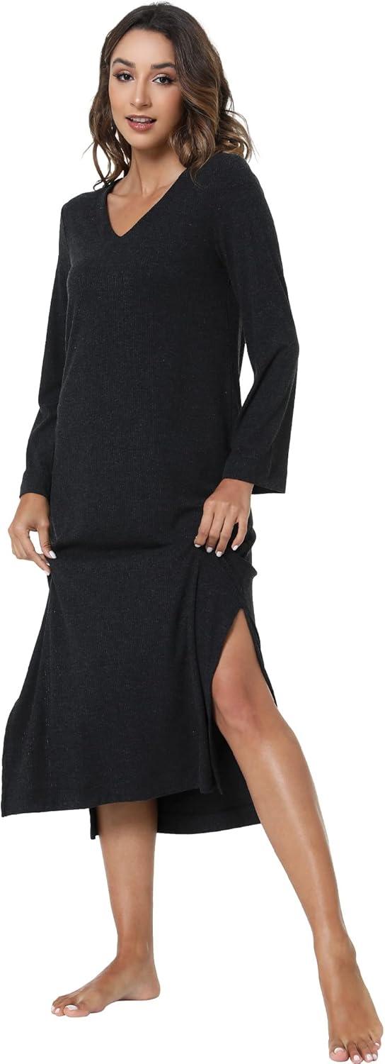 imageGYS Womens Long Sleeve Nightgown Soft V Neck Knit Sleep ShirtDark Heather Grey