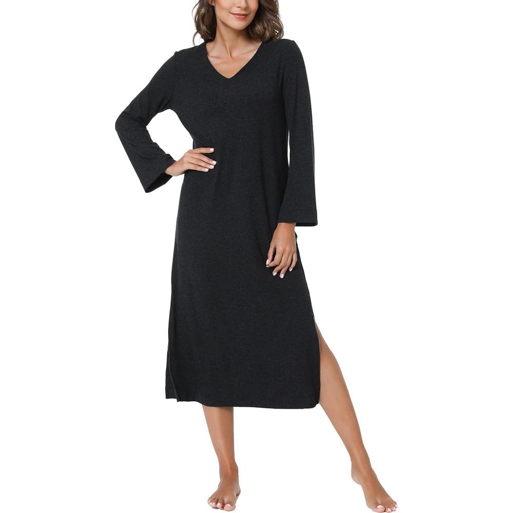 imageGYS Womens Long Sleeve Nightgown Soft V Neck Knit Sleep ShirtDark Heather Grey