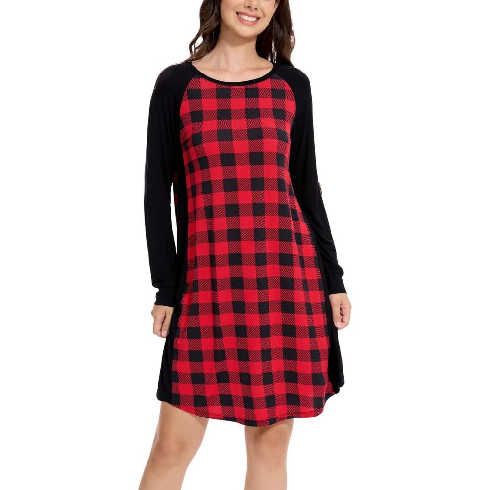 imageGYS Womens Long Sleeve Nightgowns Viscose from bamboo Sleepwear Soft Christmas Pajama DressRed Plaid