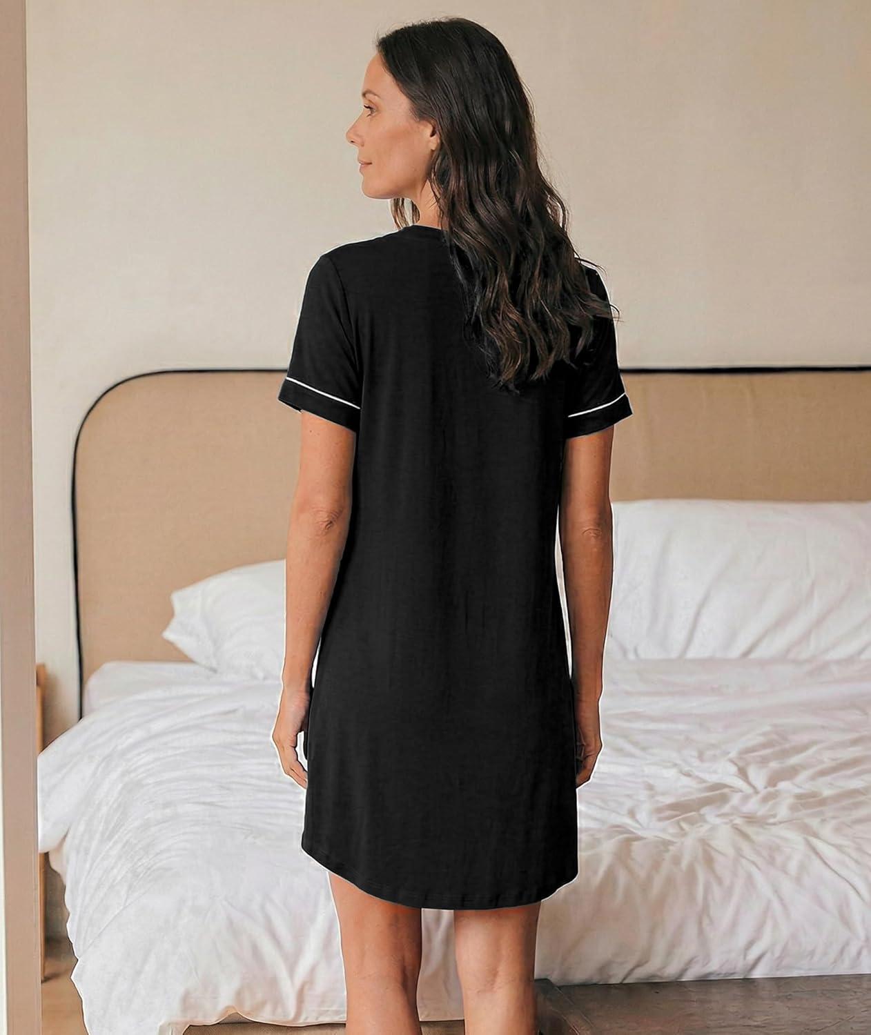 imageGYS Bamboo Viscose Nightgowns for Women Soft Button Down Short Sleeve Summer V Neck Sleep DressBlack