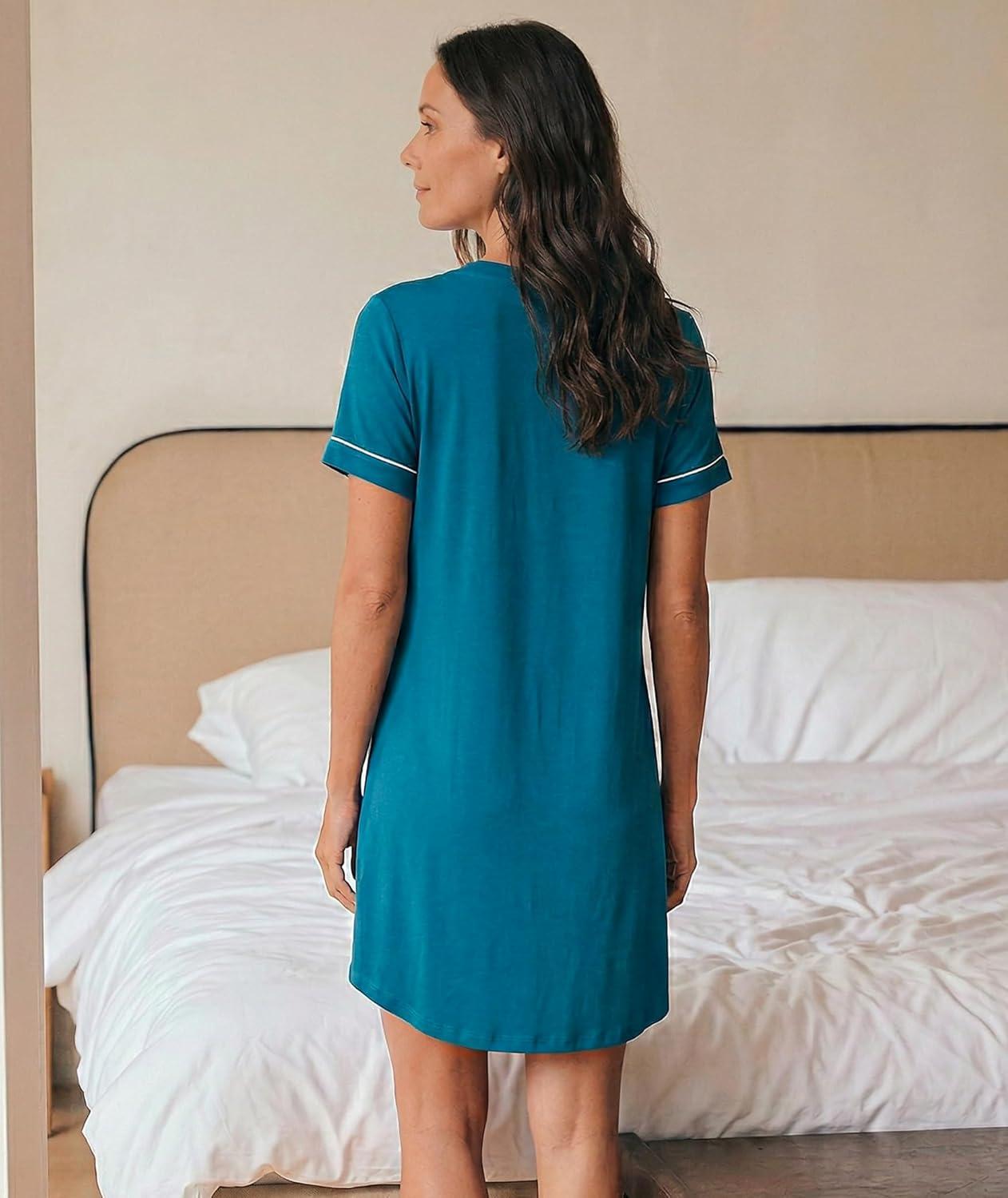 imageGYS Bamboo Viscose Nightgowns for Women Soft Button Down Short Sleeve Summer V Neck Sleep DressTeal Blue