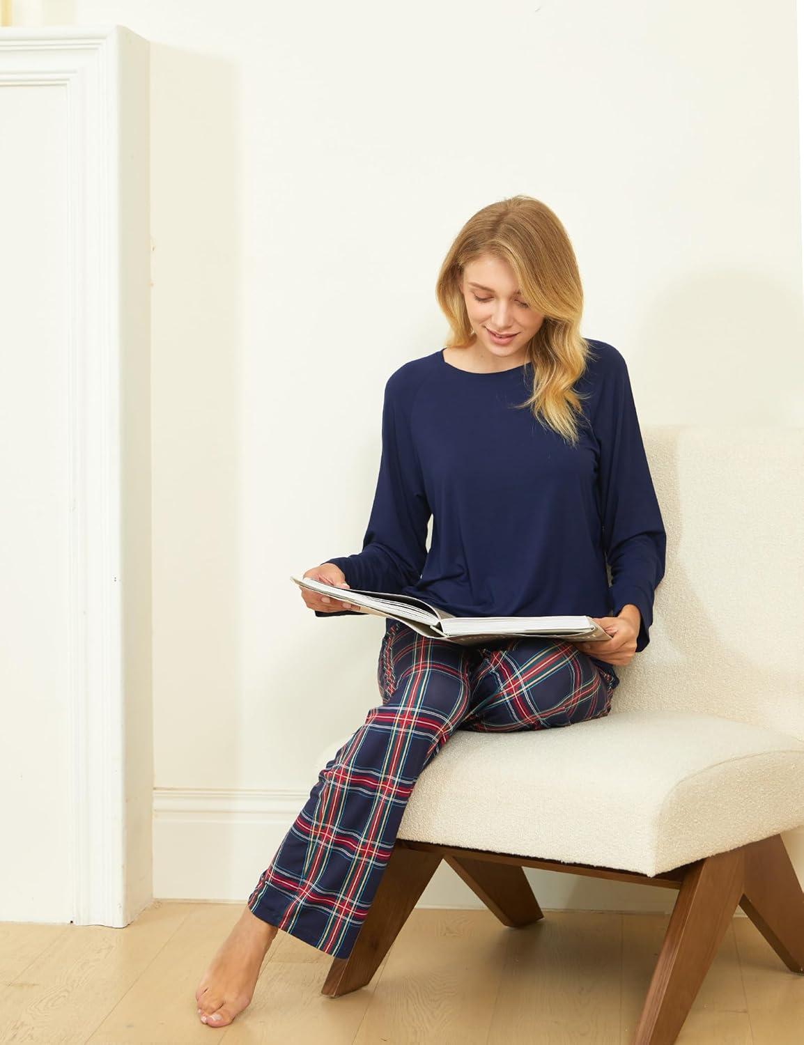 imageGYS Womens Pajama Sets Bamboo Viscose Long Sleeve Sleepwear with Pants Soft Pjs Lounge Set Ladies LoungewearNavy PlaidStraightleg
